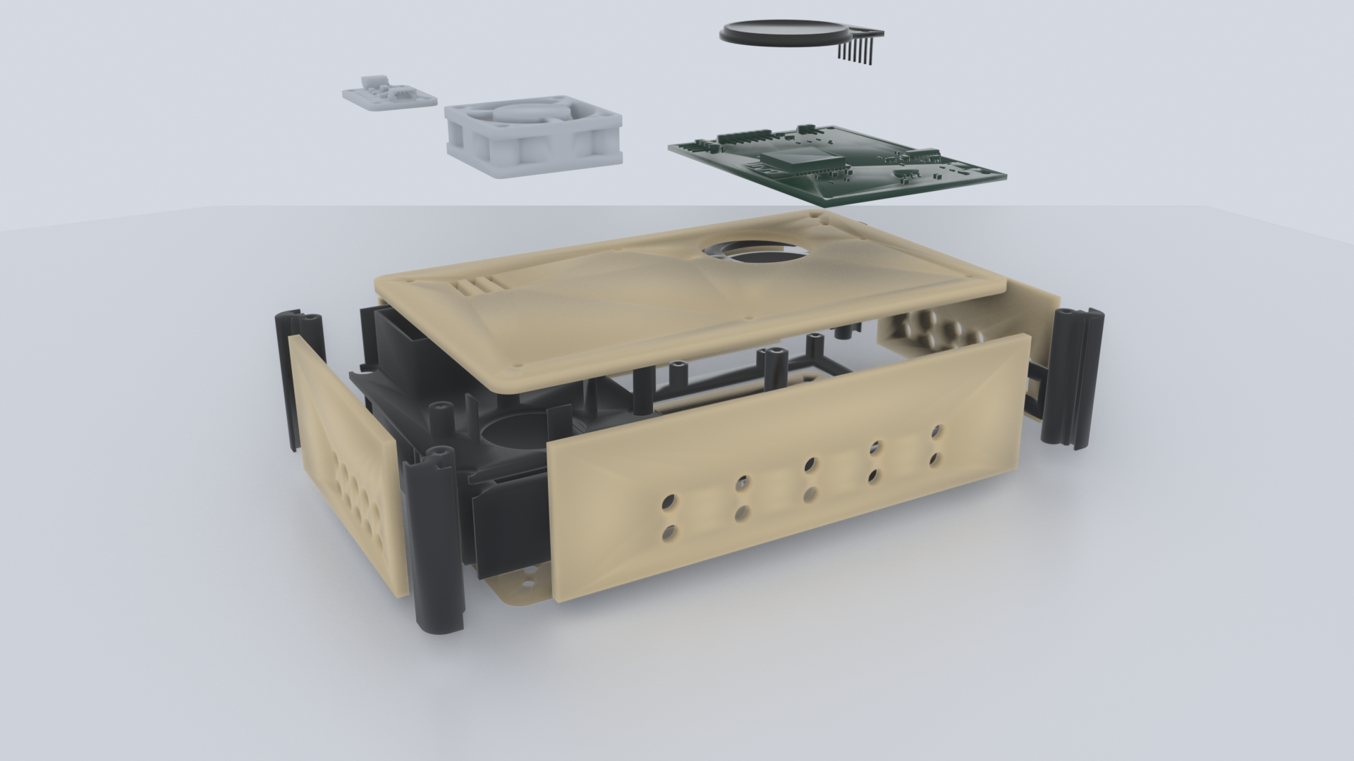 Exploded view of the HC-01 enclosure showing six birch panels sliding into grooved 3D-printed corner posts, with the PCB, fan and sensor above