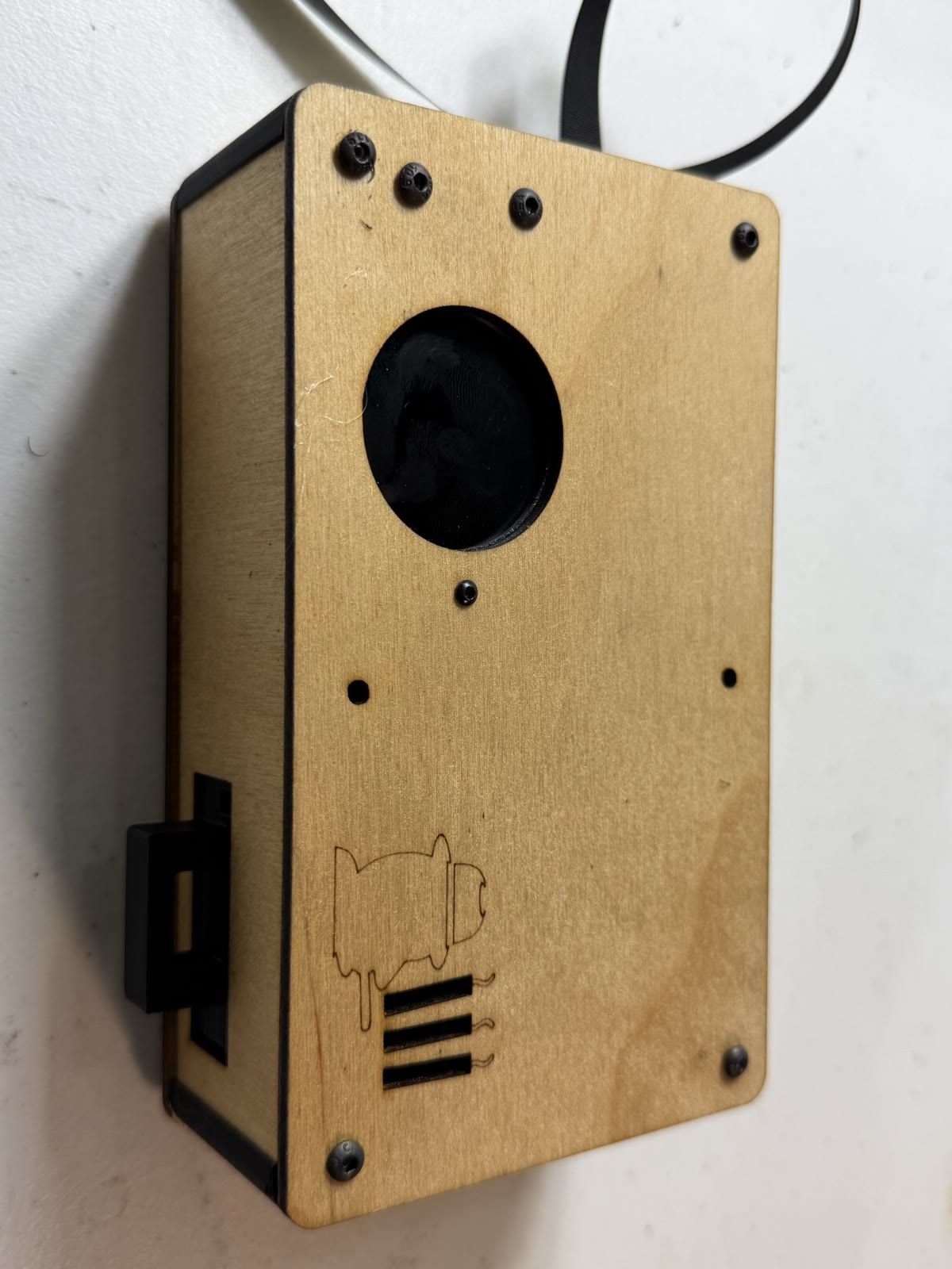 The finished HC-01: laser-cut birch panels, printed corner posts, round display in the lid.