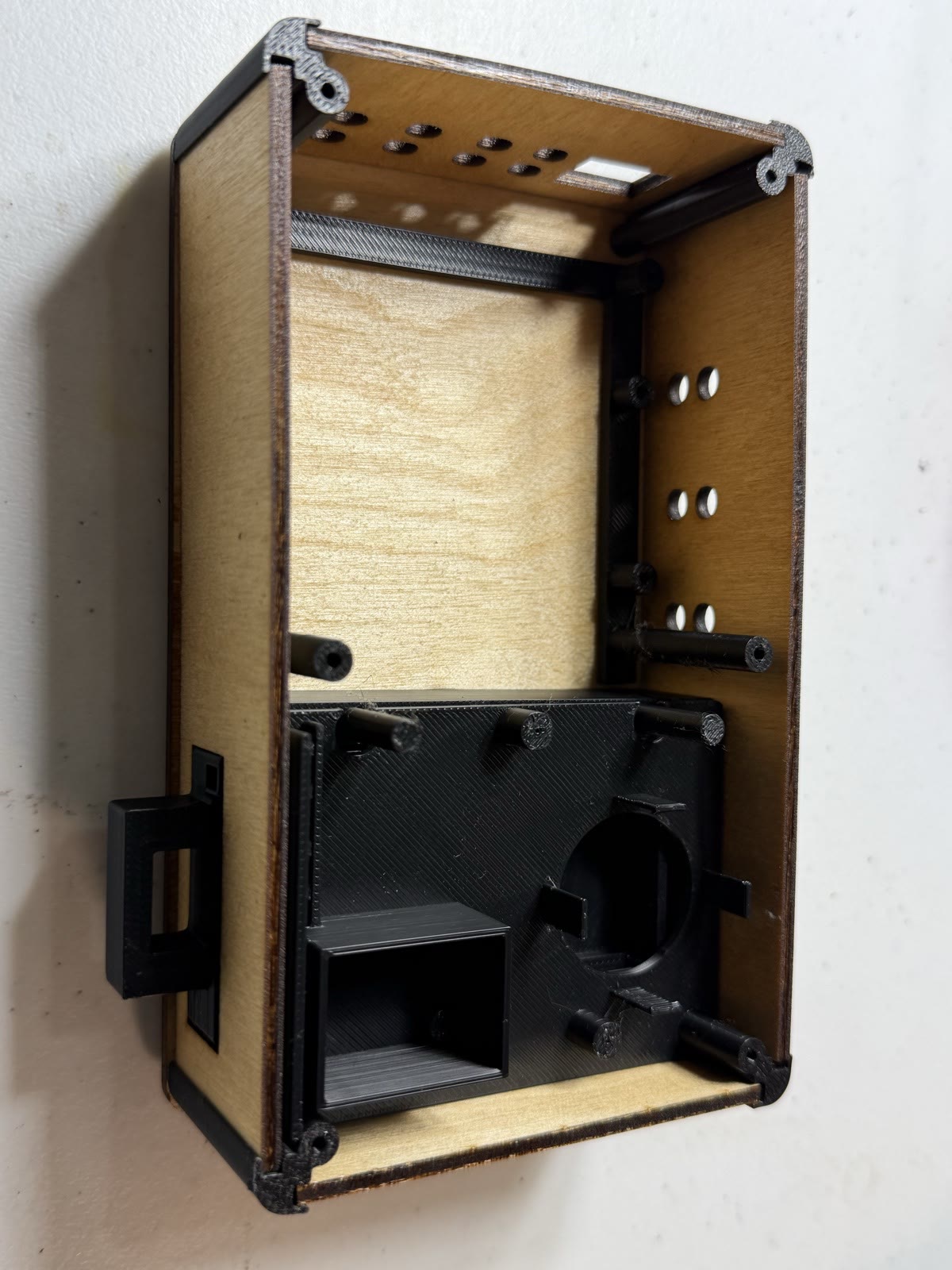 Printed internals in the birch shell before the board goes in.